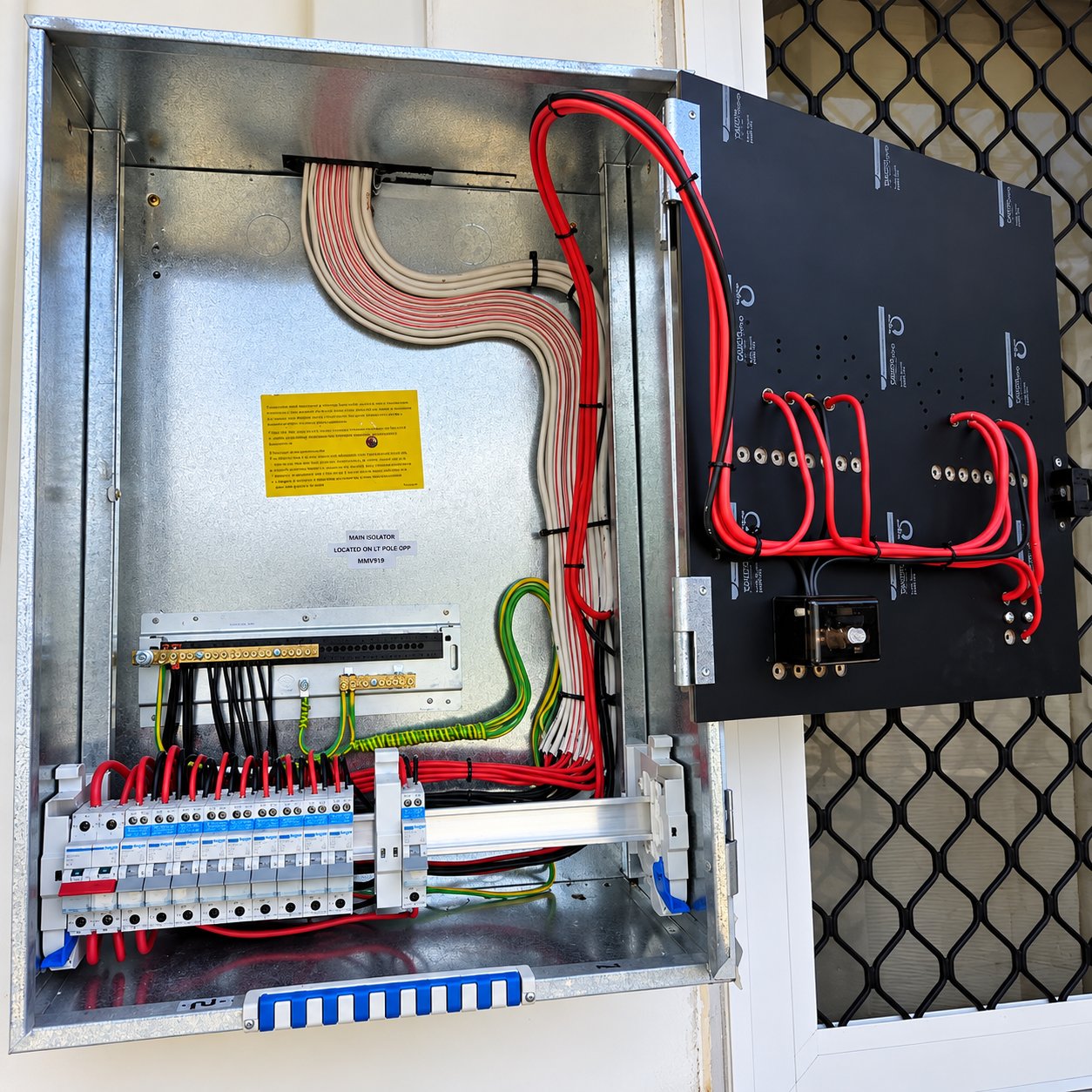 Open electrical switchboard showing neatly installed circuits and wiring
